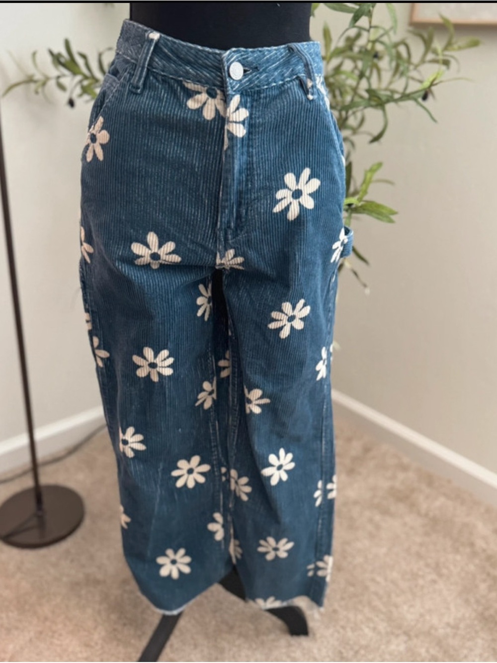Blue Corduroy Wide-Leg Pants with White Daisy Print
